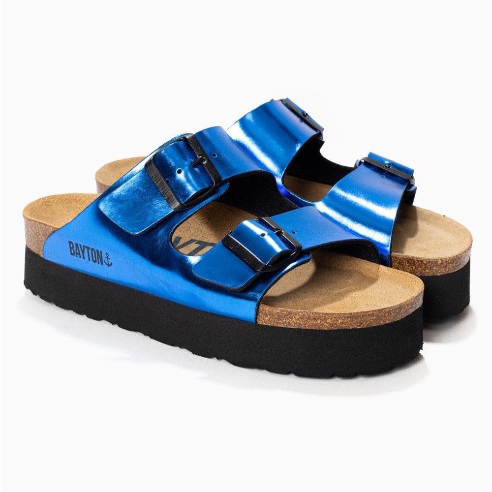 Women’s Metallic Blue Double-Buckle Platform Sandals